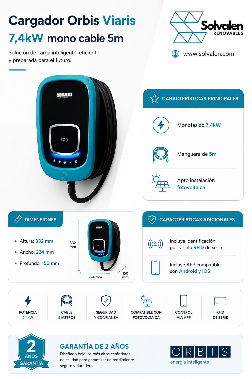 Cargador Orbis Viaris Monofásico 7,4KW 5M T2