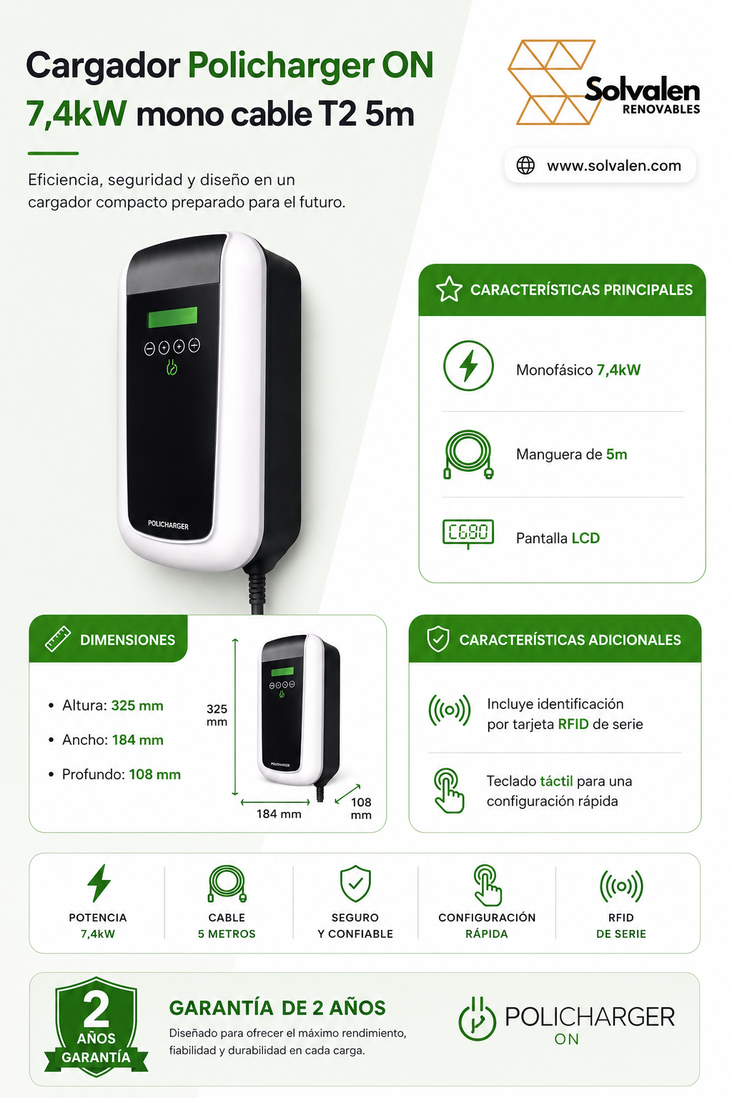 Cargador Policharger ON 7,4kW mono cable T2 5m