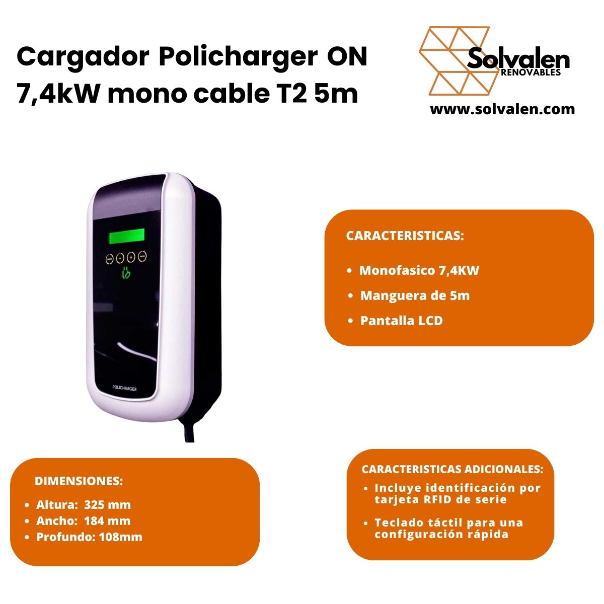 Cargador Policharger ON 7,4kW mono cable T2 5m