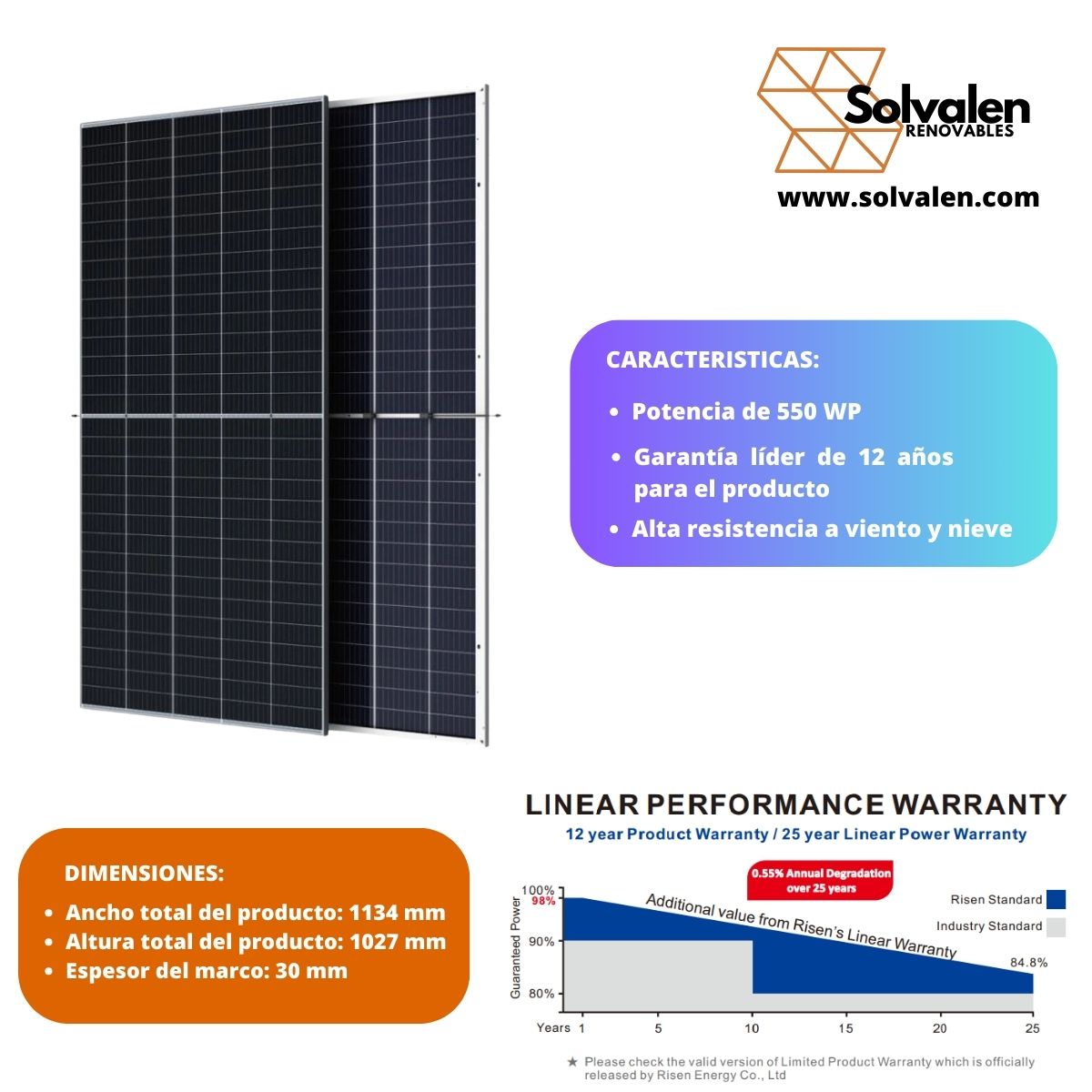 Panel Solar Risen 550Wp mono 144 celulas 1500V