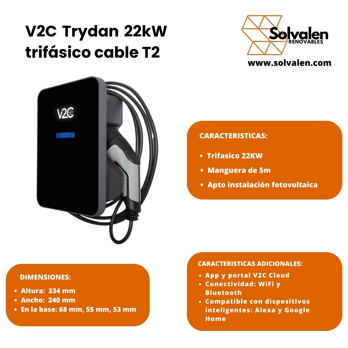 V2c Trydan 22kw Trifasico Cable T2 5M