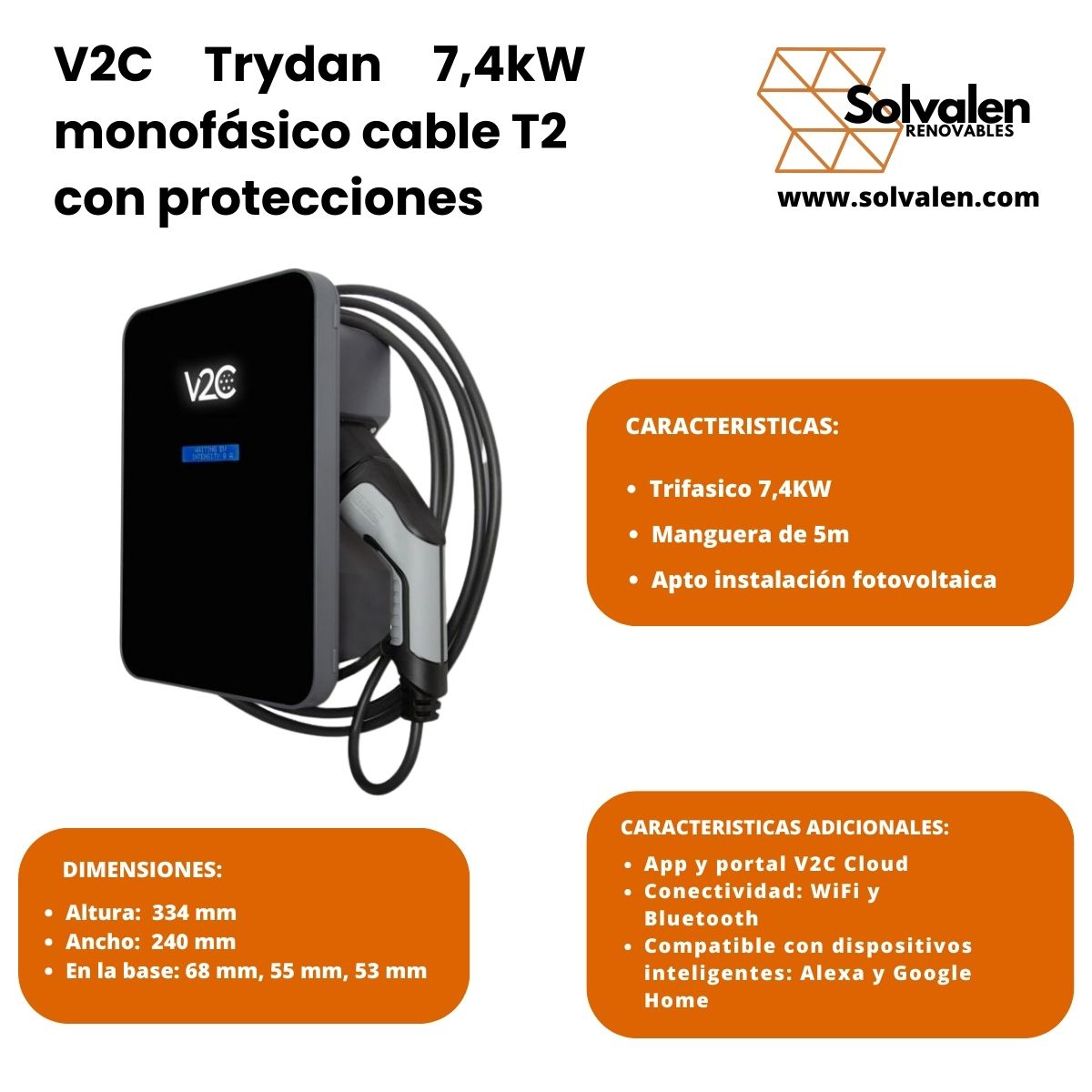 Punto de recarga para vehículo eléctrico V2C Trydan 7,4kW monofásico con protecciones