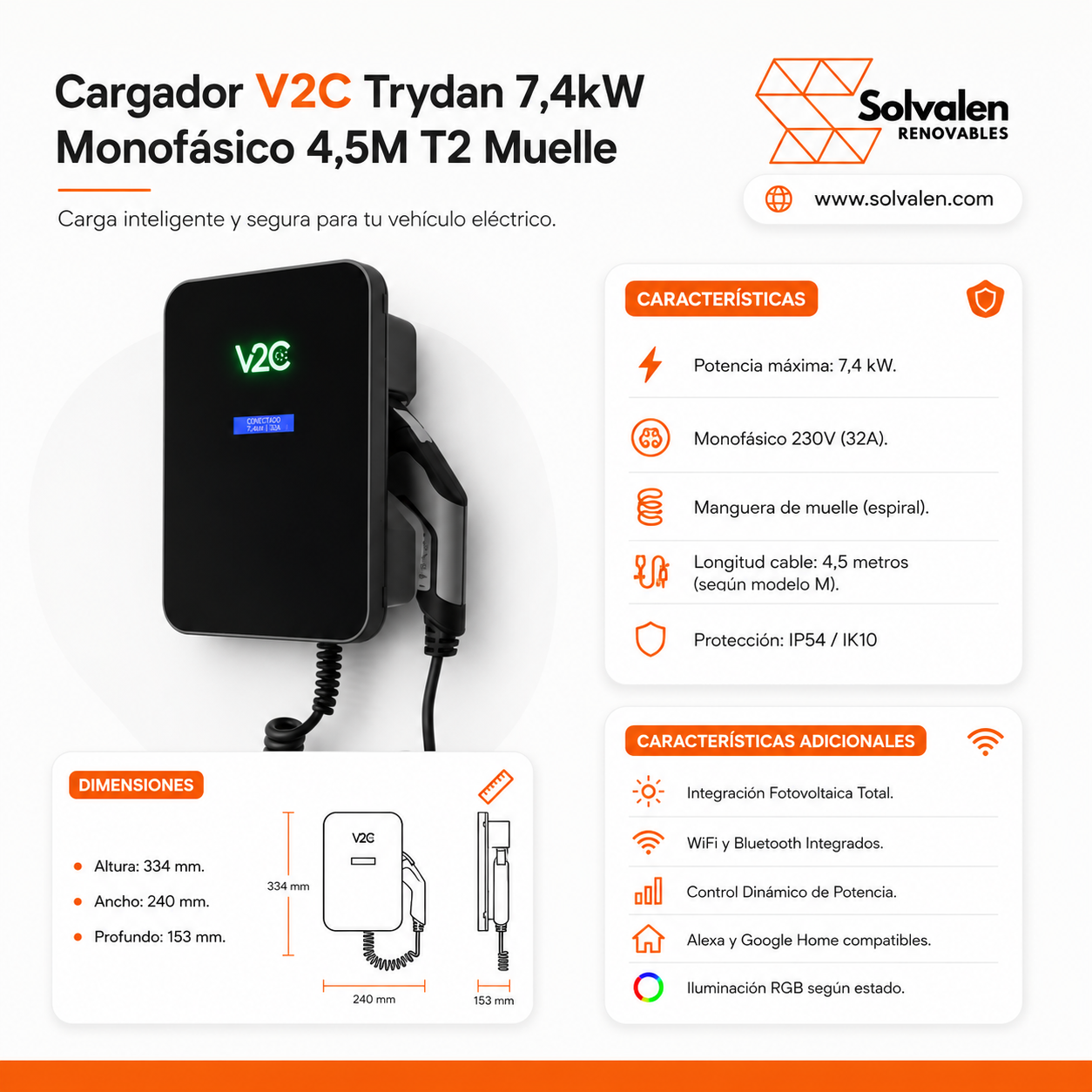 Cargador V2C Trydan 7,4kW Monofásico T2 4,5m Muelle