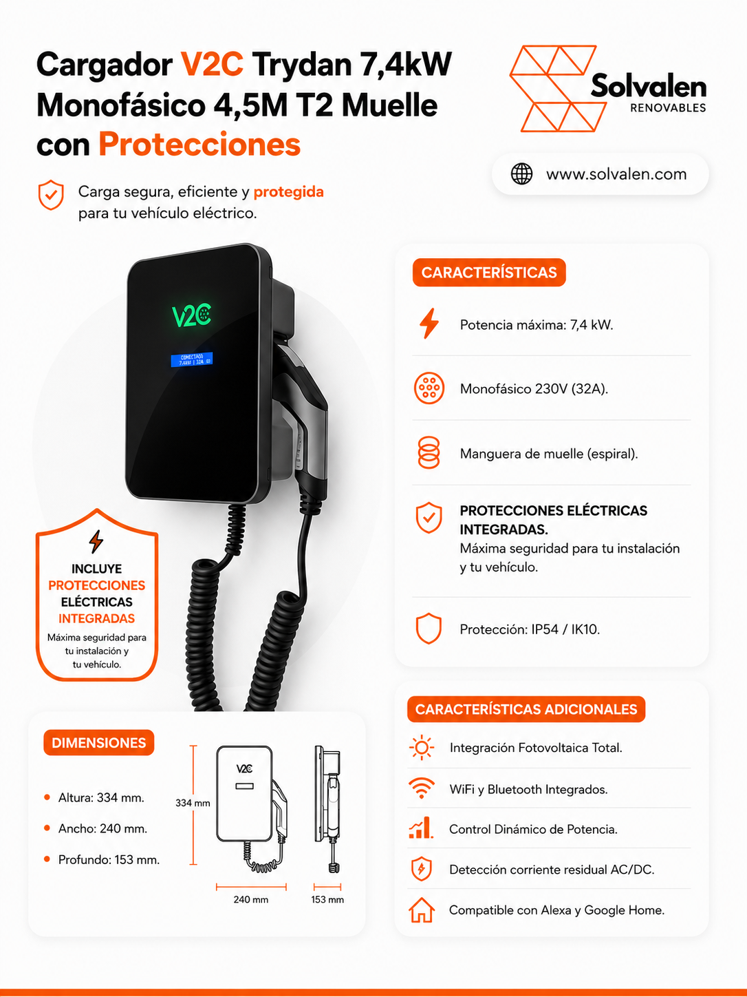 Cargador V2C Trydan 7,4kW Monofásico T2 4,5m Muelle + Protecciones
