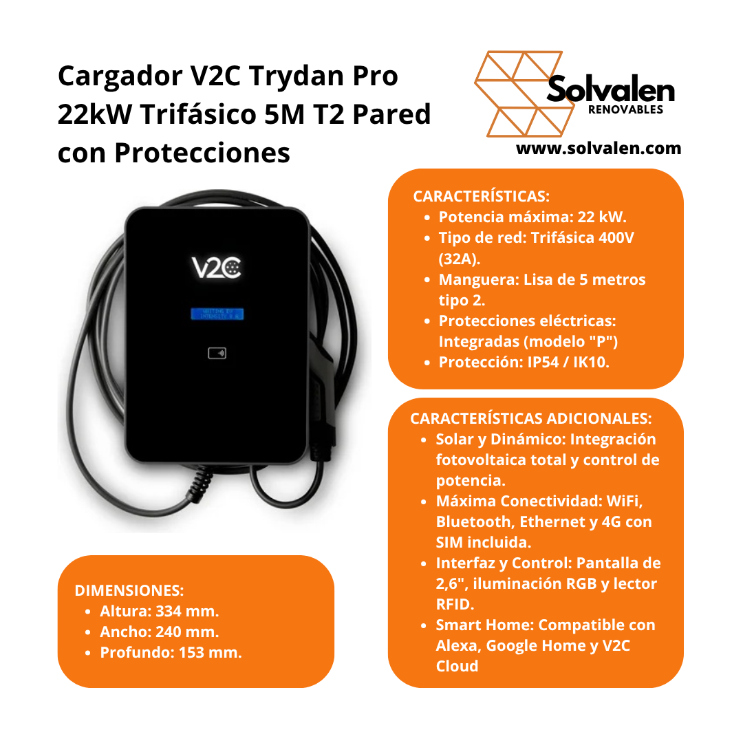 Cargador V2C Trydan Pro 22kW Trifásico T2 5m con Protecciones y 4G