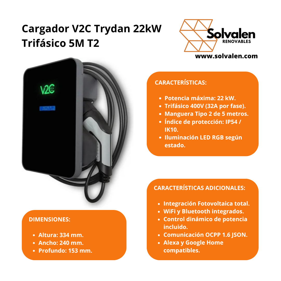 Cargador V2C Trydan 22kW Trifásico T2 5m