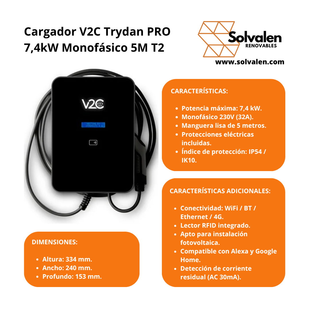 Cargador V2C Trydan PRO 7,4kW Monofásico 5M T2