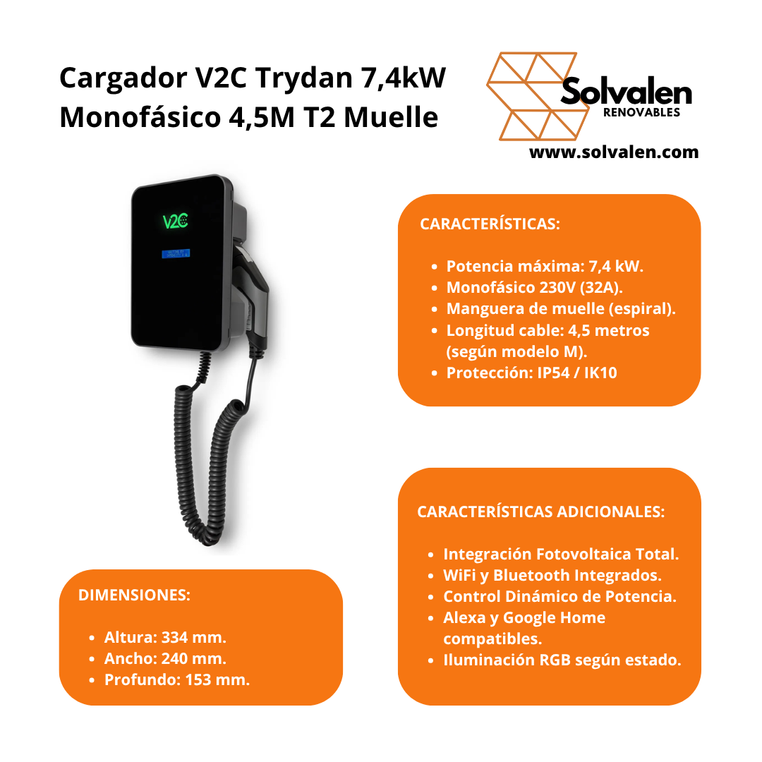 Cargador V2C Trydan 7,4kW Monofásico T2 4,5m Muelle