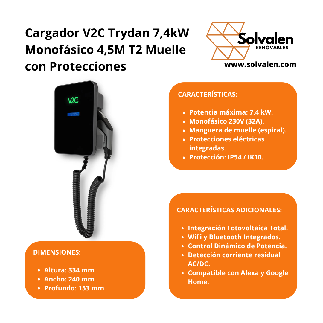 Cargador V2C Trydan 7,4kW Monofásico T2 4,5m Muelle + Protecciones